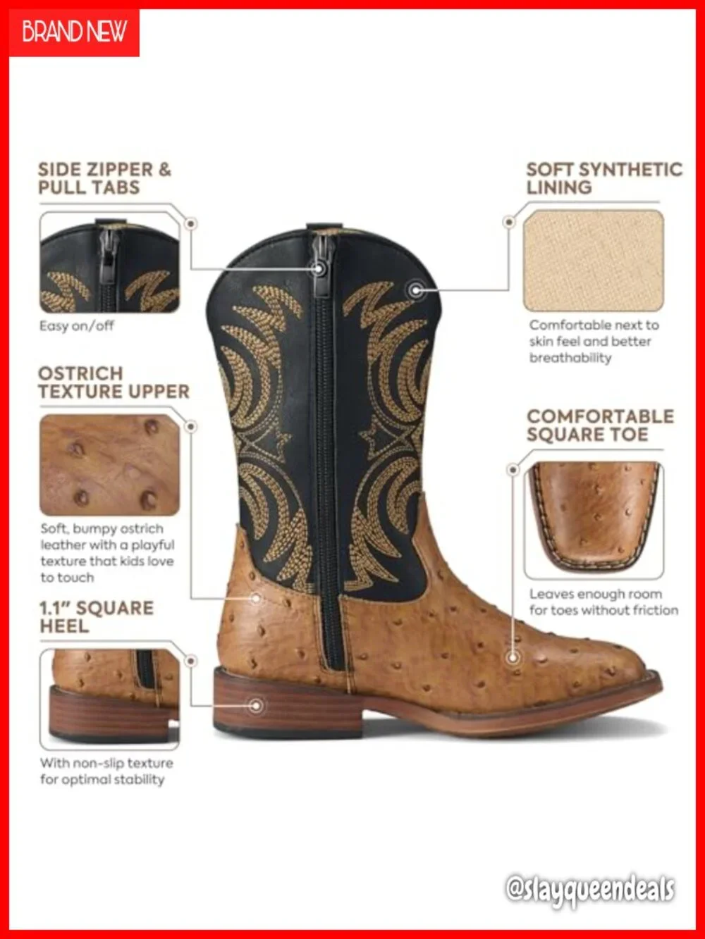 Kids Western Cowboy Boots Square Toe Side Zipper Pull Tabs